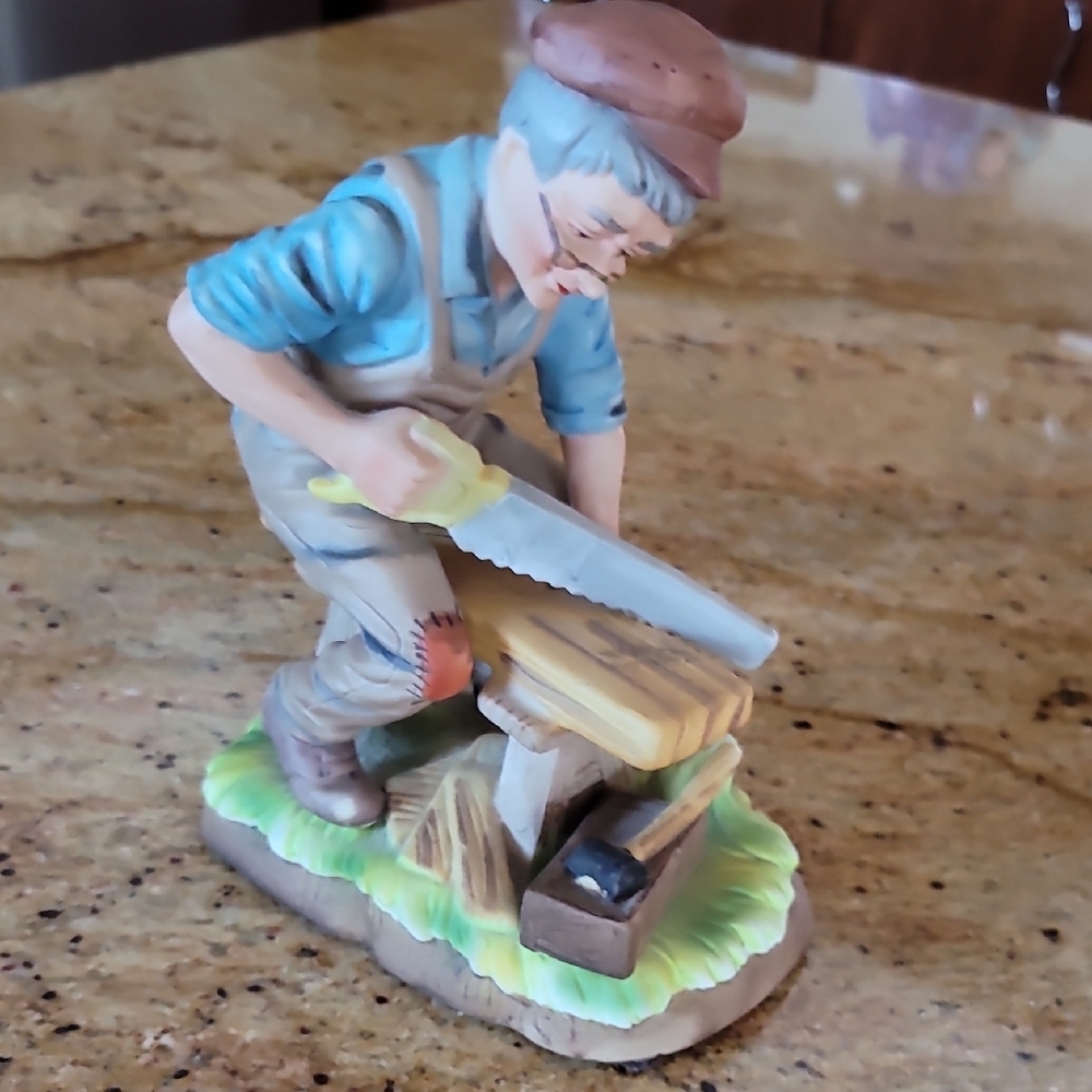 Vintage Lefton Elderly Old Man Series Sawing Wood Carver Whittler #6887